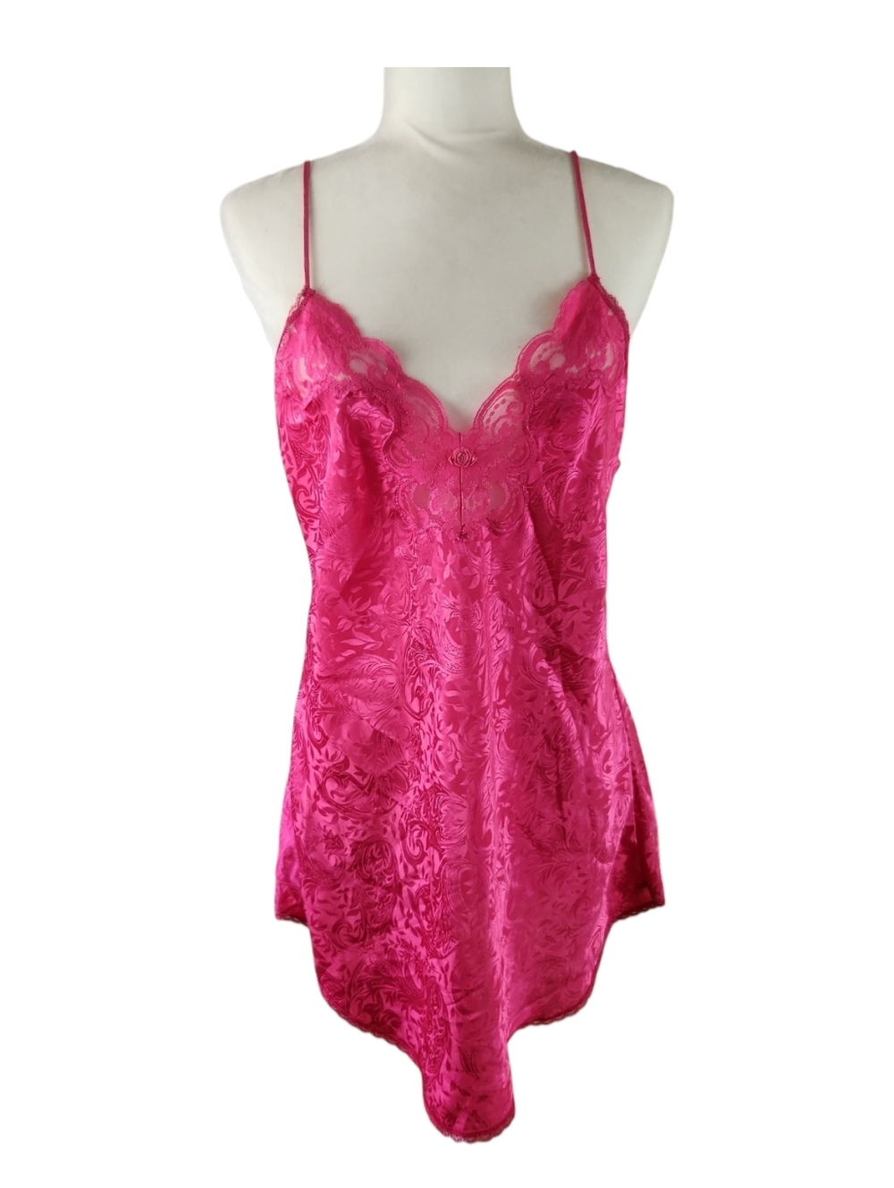Vtg Deena Pink Cami Slip Dress/Babydoll Lingerie Medium Coquette Lace Rosette